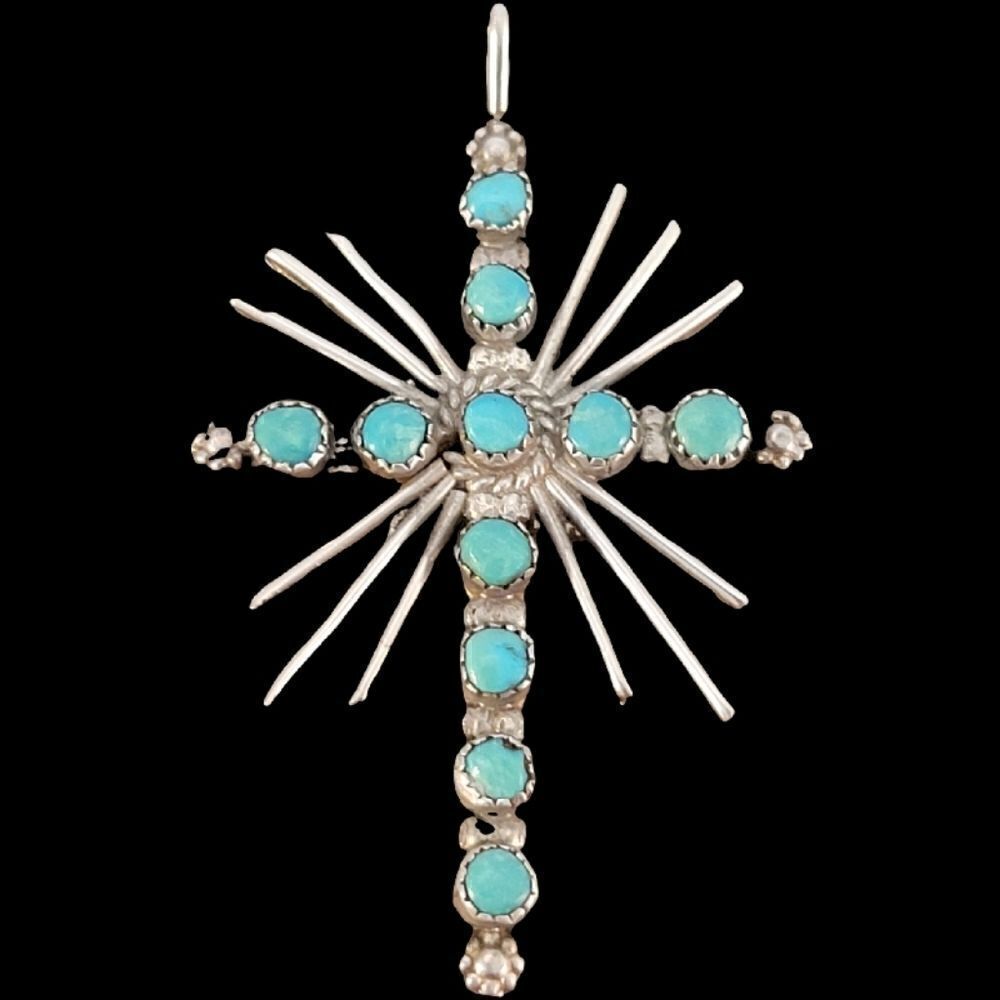 Vintage Sterling Zuni Green Turquoise Light Rays Cross